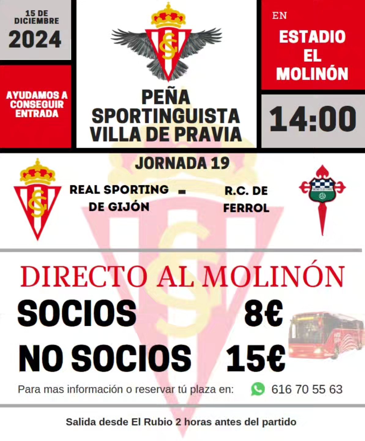 Como cada semana que jugamos de local. Disponemos de servicio de Bus al Molinon.