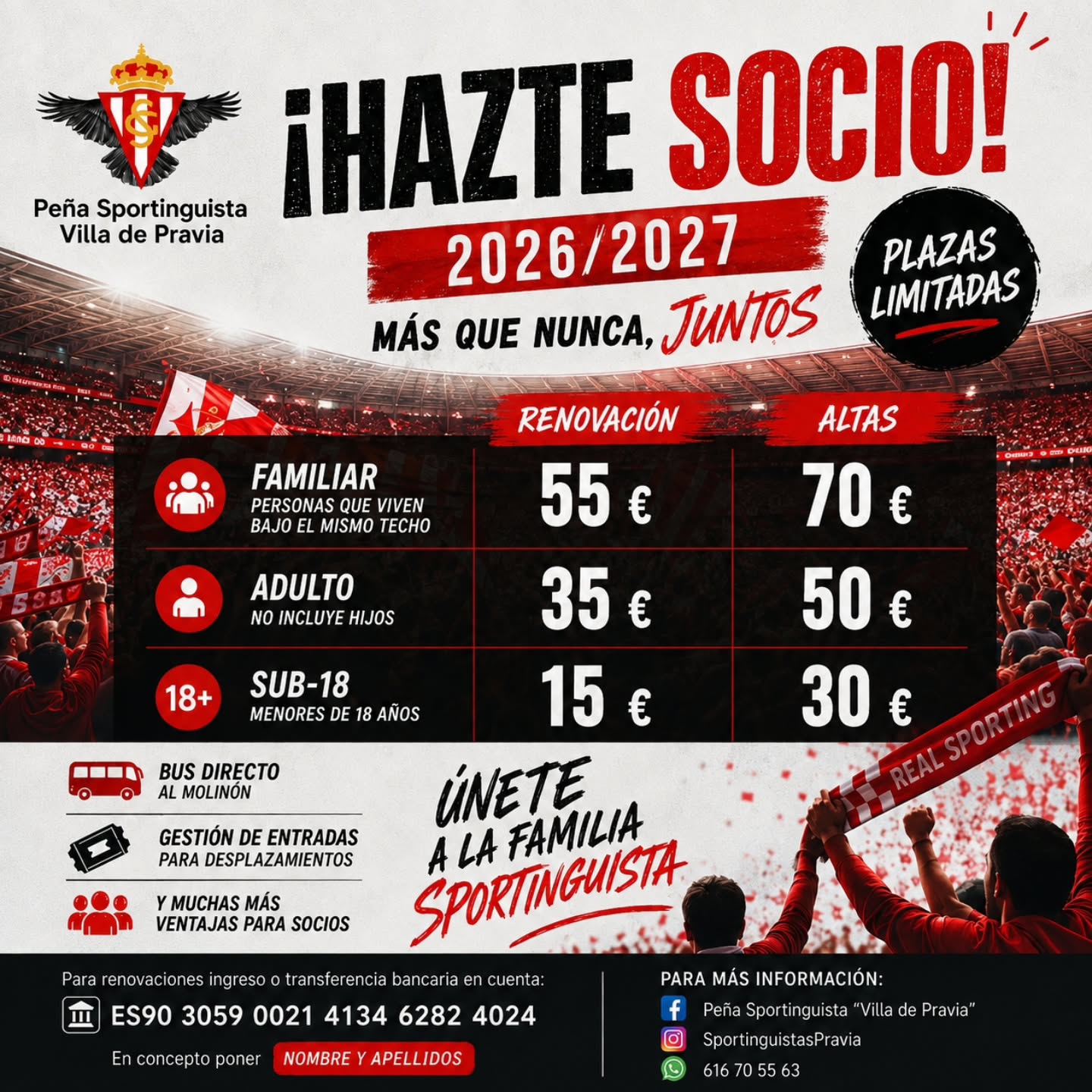 🔴⚪ ¡ARRANCA LA TEMPORADA 2026/2027! 🔴⚪
Una nueva temporada, la misma ilusión de siempre y más ganas que nunca de vivirla juntos. ❤️🤍
Desde la Peña Sportinguista Villa de Pravia queremos seguir estando al lado de nuestros socios y facilitar que nadie se pierda la oportunidad de animar al Sporting.
💰 Este año NO subimos las cuotas de socio.
🚌 Y, por 4.º año consecutivo, mantenemos el precio del bus directo a El Molinón para nuestros socios y abonados del Sporting.
Porque creemos que una peña