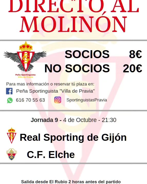 El próximo miércoles jugamos eb el Molinón a las 21.30. Salimos de Pravia a las 19.30. Ven a ver el Sporting sin preocupaciones de aparcamiento.