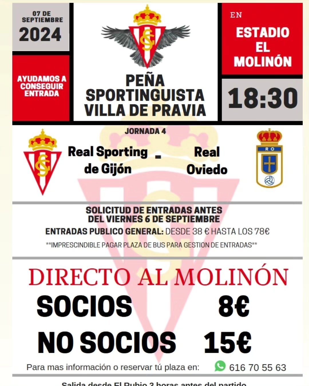 Viaja con nosotros al derbi. Parada en Soto del Barco. Gestión de entradas. Salida 3 horas antes delnpartido de Pravia para llegar a Gijon para el recibimiento. Pregúntanos. Puxa Sporting
