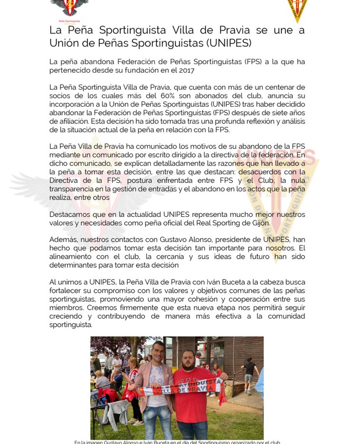 🔔🔔🔔COMUNICADO OFICIAL🔔🔔🔔
La Peña Sportinguista Villa de Pravia se une a Unión de Peñas Sportinguistas (UNIPES)
La peña abandona Federación de Peñas Sportinguistas (FPS) a la que ha pertenecido desde su fundación en el 2017.
@_unipes_