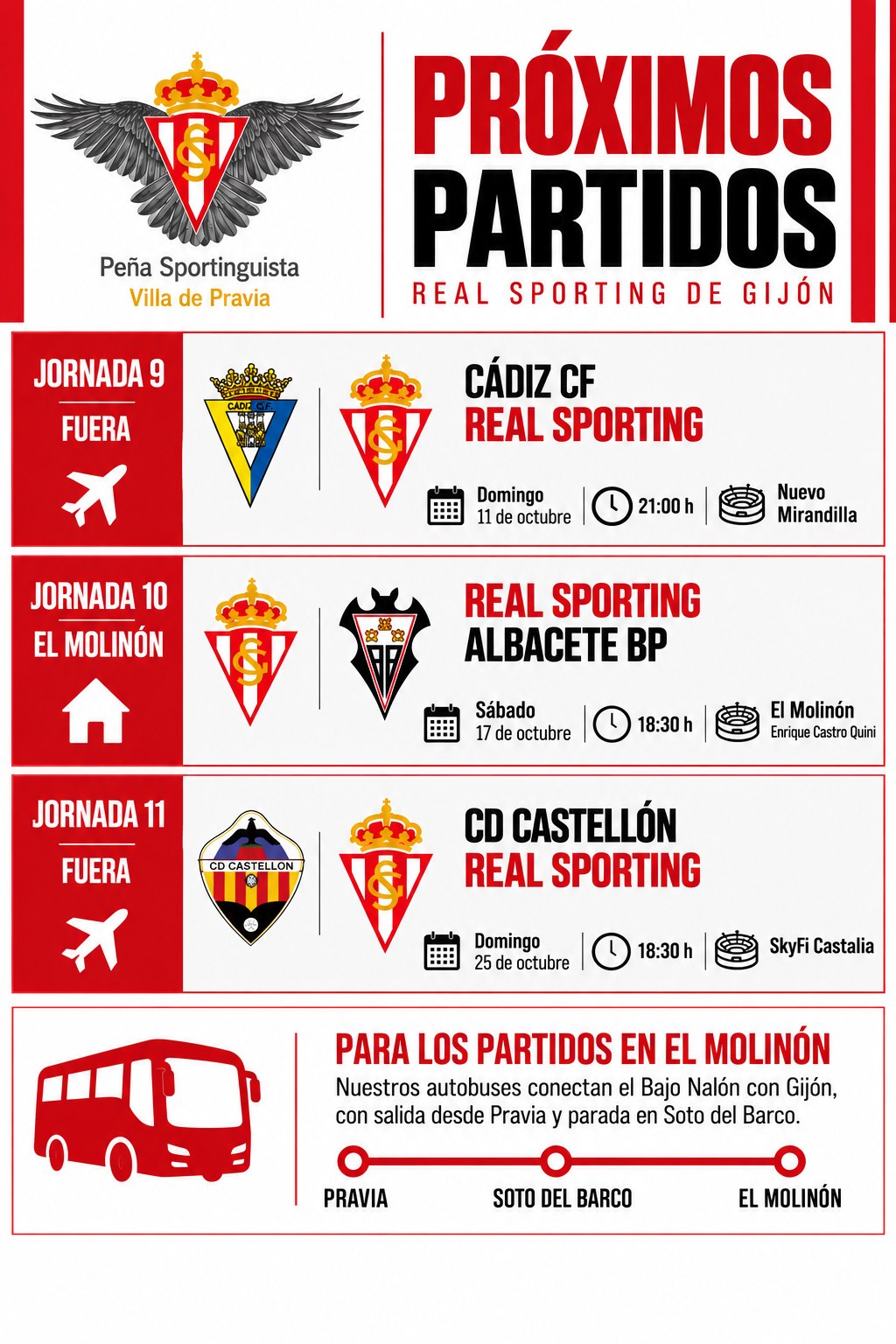 🔴⚪ PRÓXIMOS PARTIDOS | REAL SPORTING
Ya tenemos horarios confirmados para las próximas tres jornadas. ¡Toca preparar la agenda! 📅❤️🤍
✈️ J9 | Cádiz CF – Real Sporting
📅 Domingo 11 de octubre | ⏰ 21:00 h
🏠 J10 | Real Sporting – Albacete BP
📅 Sábado 17 de octubre | ⏰ 18:30 h
✈️ J11 | CD Castellón – Real Sporting
📅 Domingo 25 de octubre | ⏰ 18:30 h
Para los partidos en El Molinón, nuestros autobuses conectan el Bajo Nalón con Gijón, con salida desde Pravia y parada en Soto del Barco. 🚌