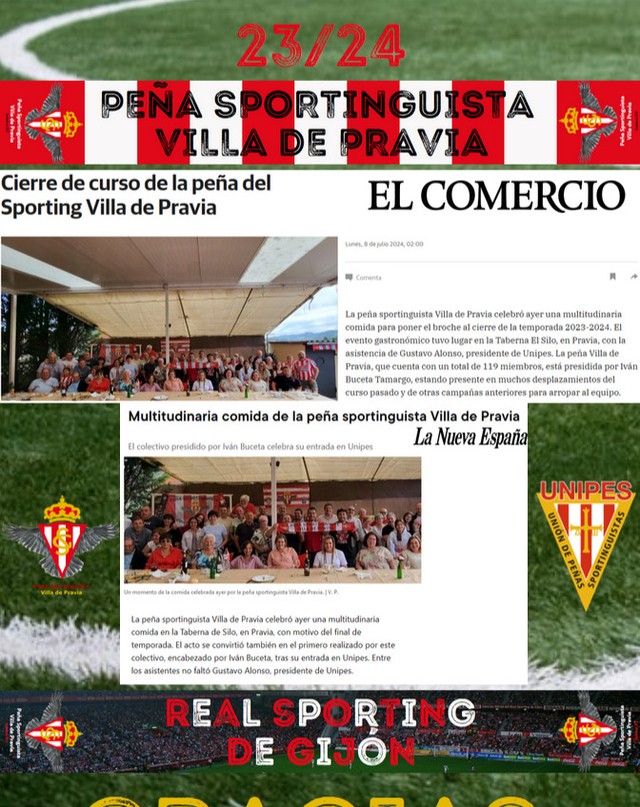 Queridos socios de la Peña Sportinguista Villa de Pravia,
Quiero expresar nuestro más sincero agradecimiento a todos por el apoyo durante todo el año a todas las iniciativas que hemos llevado a cabo. Vuestra participación y entusiasmo han sido fundamentales para el éxito de cada una de nuestras actividades.
En particular, queremos dar las gracias a todas las personas que asistieron a la Espicha de cierre de temporada y al bollo. Vuestra presencia y apoyo han sido esenciales y nos llenan de org