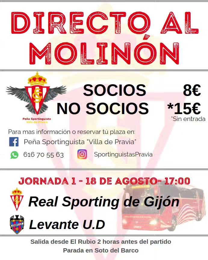 Empieza la temporada y en casa. No te pierdas el partido y disfruta de la comodidad de ir en bus y en buen ambiente. Olvídate de aparcar lejos del campo y de conducir. Si eres de Pravia o de alrededores pregúntanos. Salida de Pravia y parada en Soto del Barco.